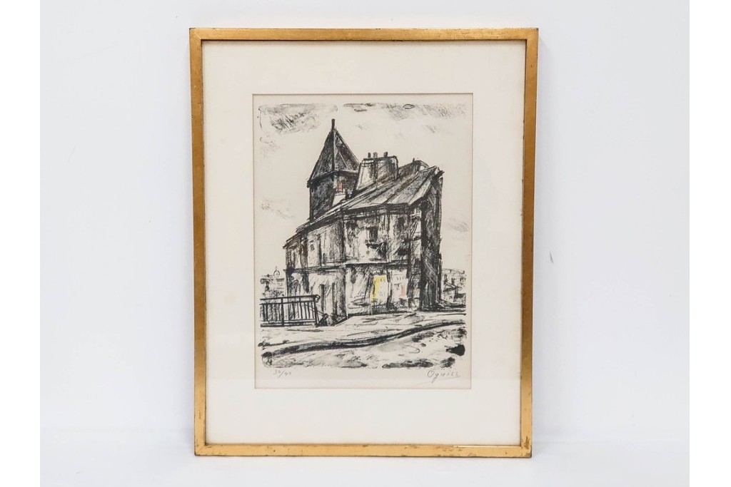 真作　1967年　サイン入り　荻須高徳　30/40　「風景」　メニルモンタンの一角を描いたリトグラフ　外箱付き　(R-087315)