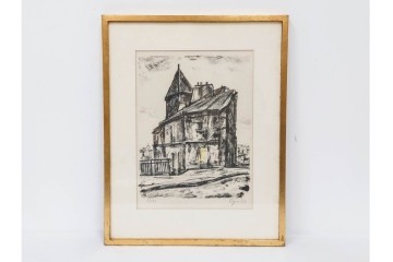 真作　1967年　サイン入り　荻須高徳　30/40　「風景」　メニルモンタンの一角を描いたリトグラフ　外箱付き　(R-087315)