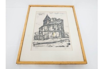 真作　1967年　サイン入り　荻須高徳　30/40　「風景」　メニルモンタンの一角を描いたリトグラフ　外箱付き　(R-087315)