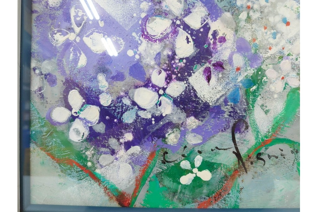 真作　西村計雄　油彩　F3号　「あじさい」　鮮やかな紫陽花を描いた絵画　外箱付き　(R-087316)