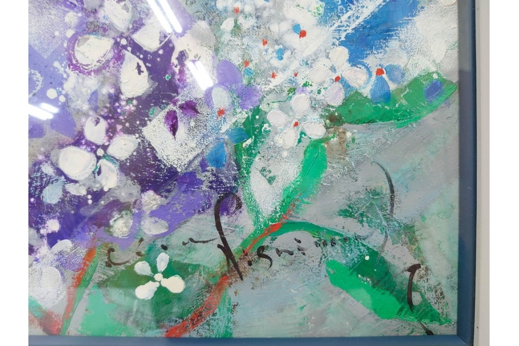 真作　西村計雄　油彩　F3号　「あじさい」　鮮やかな紫陽花を描いた絵画　外箱付き　(R-087316)