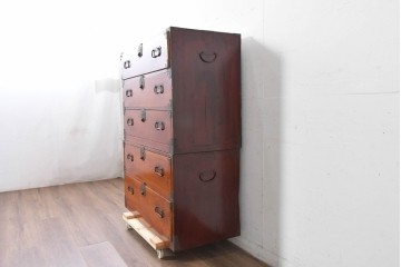 和製アンティーク　前面欅(ケヤキ)材　木目が魅力の五丁引き庄内箪笥　(R-087320)