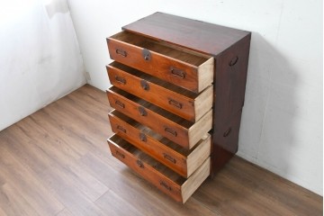 和製アンティーク　前面欅(ケヤキ)材　木目が魅力の五丁引き庄内箪笥　(R-087320)