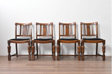 イギリスアンティーク　Lloyd’s Antiques(ロイズ・アンティークス)取り扱い　オーク材　花彫刻が引き立つダイニングチェア4脚セット　(R-087341)