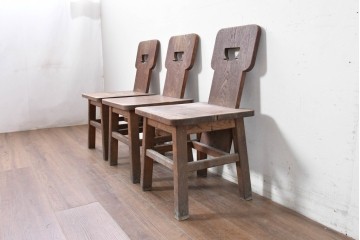 和製ヴィンテージ　楢(ナラ)材　コーヒーカップの透かし彫り入り　古いカフェのダイニングチェア3脚セット　(R-087342)