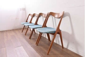 《張地の張り替え加工費込み》　スウェーデンヴィンテージ　希少モデル　Albin Johansson & Soner(アルビン・ヨハンソン&セーナー)　Storken(ストーケン)　背もたれのカーブが印象的なチーク材のダイニングチェア4脚セット　(R-087343)
