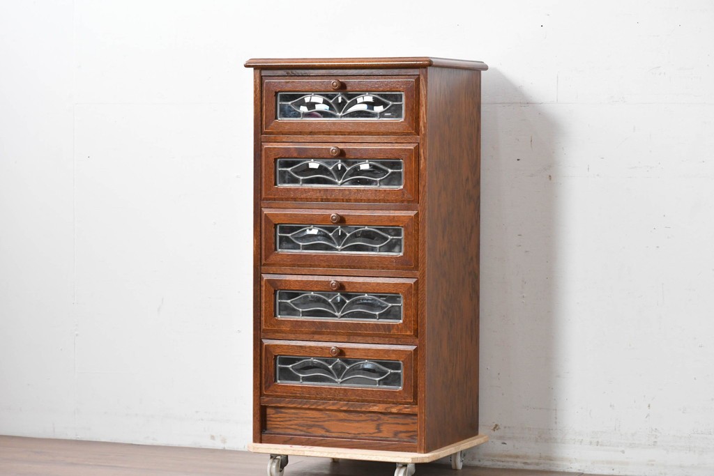 中古　美品　希少な廃番品!　ステンドグラスが目を引く5段チェスト　(R-087349)