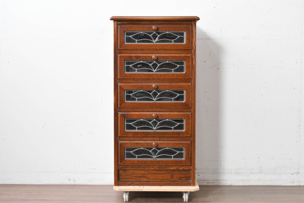 中古　美品　希少な廃番品!　ステンドグラスが目を引く5段チェスト　(R-087349)