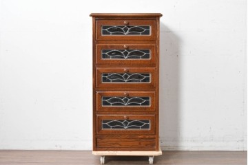 中古　美品　希少な廃番品!　ステンドグラスが目を引く5段チェスト　(R-087349)