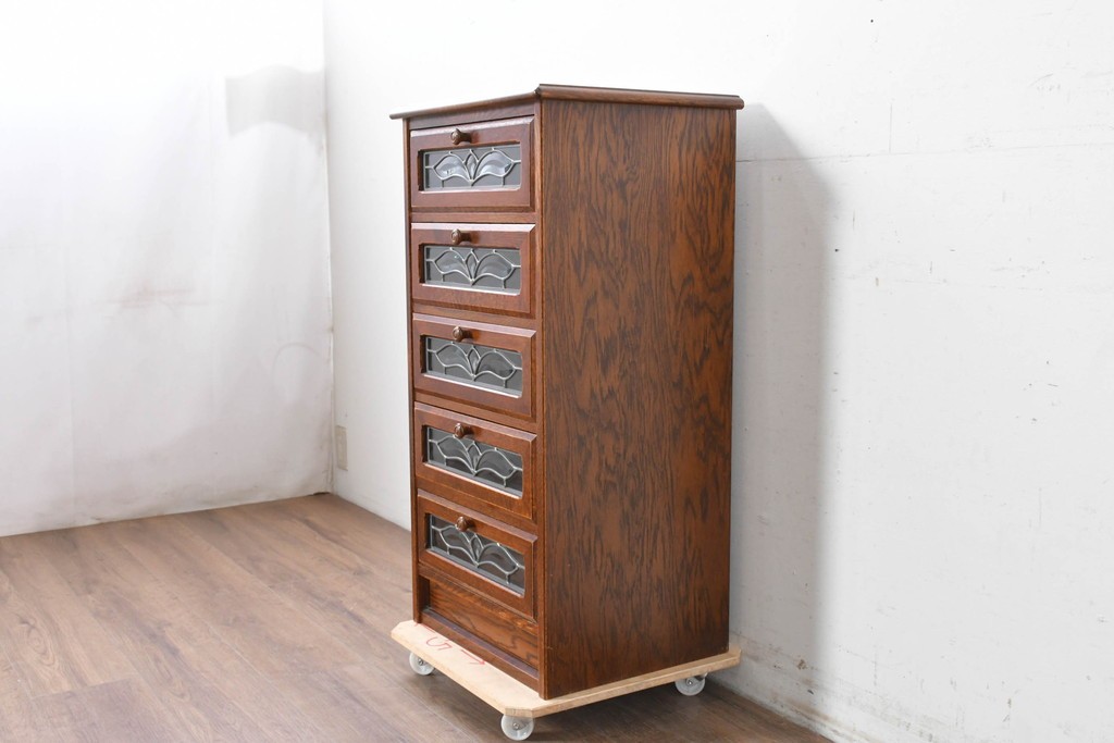 中古　美品　希少な廃番品!　ステンドグラスが目を引く5段チェスト　(R-087349)