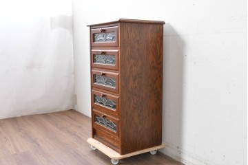 中古　美品　希少な廃番品!　ステンドグラスが目を引く5段チェスト　(R-087349)
