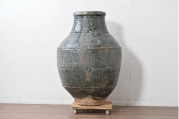 中国アンティーク　古玩　緑釉の色合いと質感が味わい深い大きな壺　(R-087354)