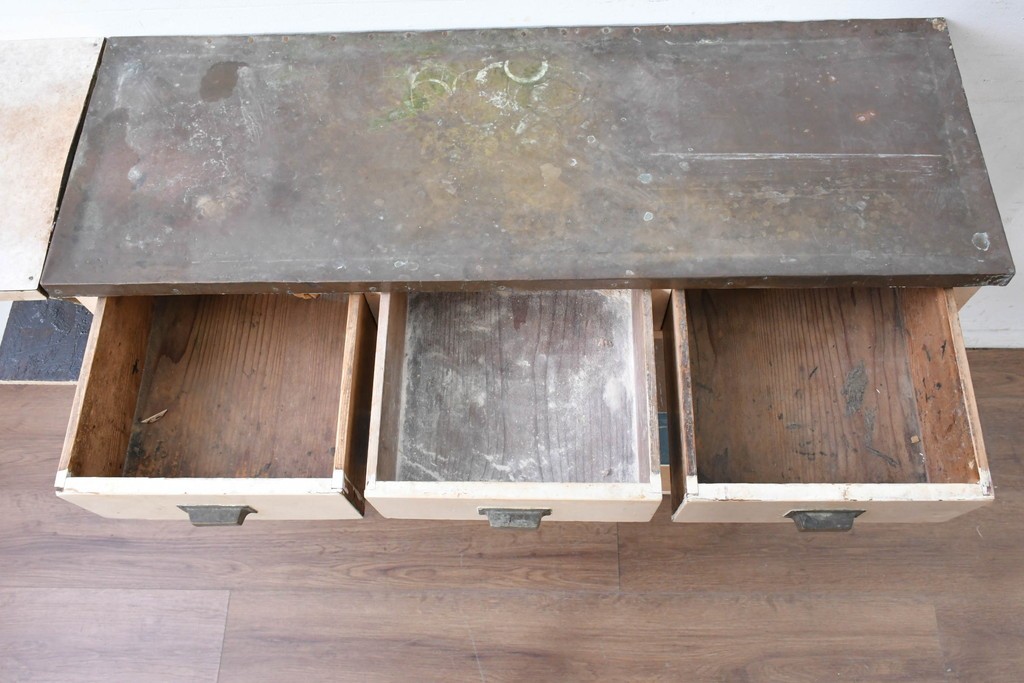 【簡易リペア限定品】和製アンティーク　天板銅板仕上げ　引き出しきのコンソールテーブル　(R-087372)