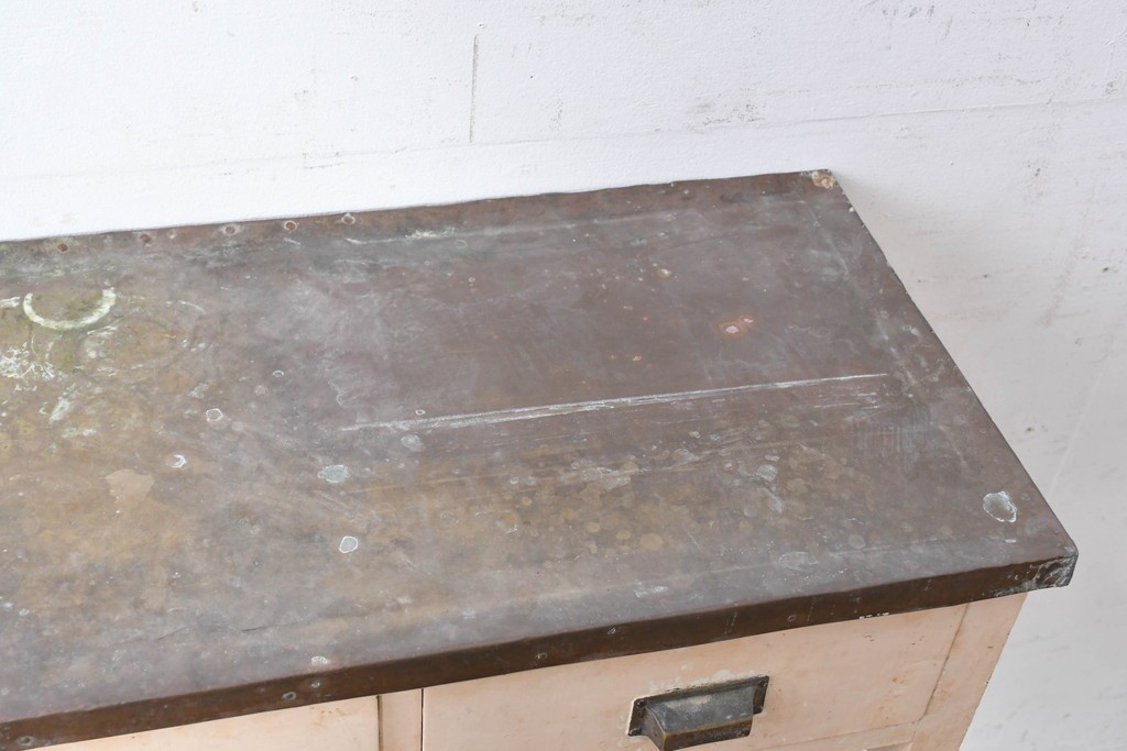 【簡易リペア限定品】和製アンティーク　天板銅板仕上げ　引き出しきのコンソールテーブル　(R-087372)