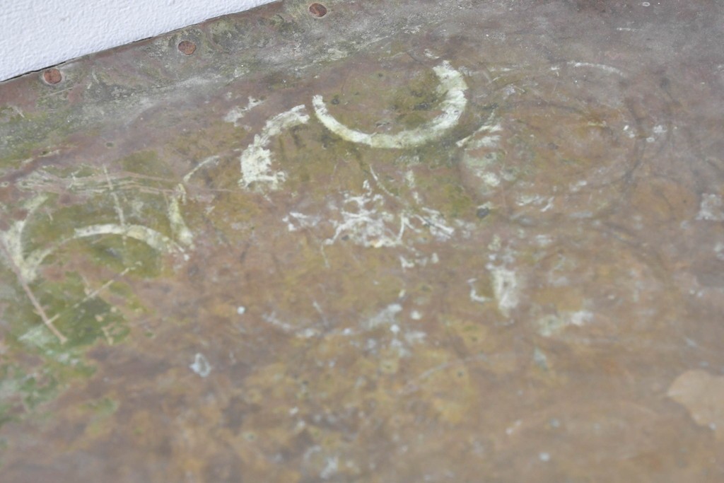 【簡易リペア限定品】和製アンティーク　天板銅板仕上げ　引き出しきのコンソールテーブル　(R-087372)