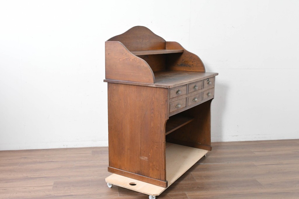 和製アンティーク　上手物!!　栓材　上置き棚付き　引き出し6杯のカウンターデスク　(R-087382)