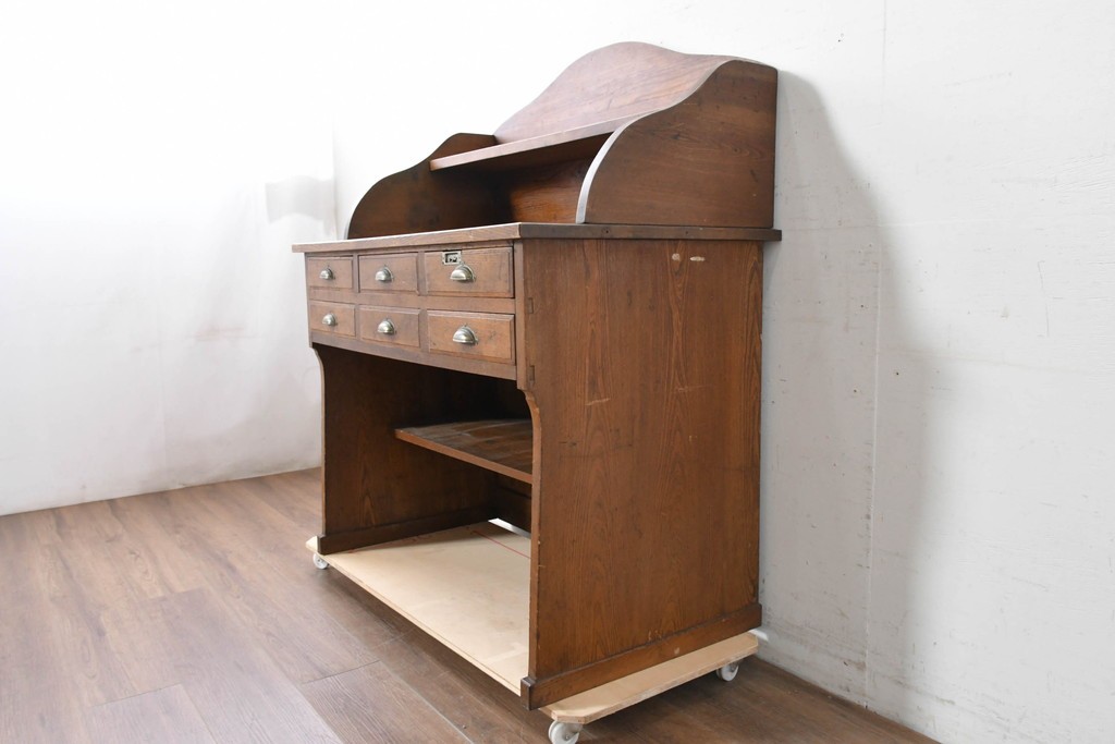 和製アンティーク　上手物!!　栓材　上置き棚付き　引き出し6杯のカウンターデスク　(R-087382)