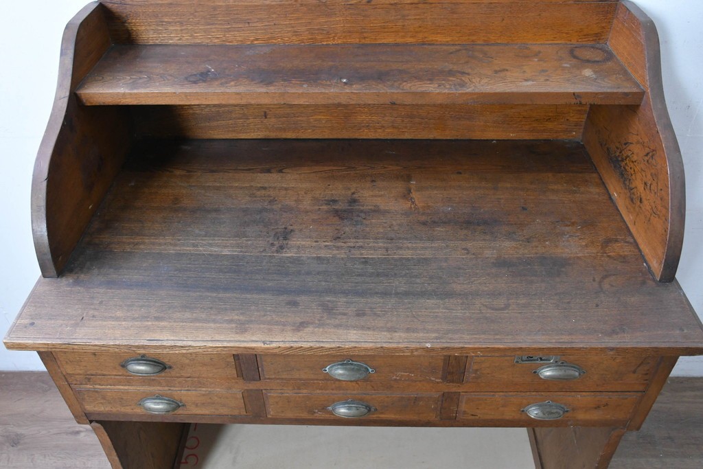 和製アンティーク　上手物!!　栓材　上置き棚付き　引き出し6杯のカウンターデスク　(R-087382)