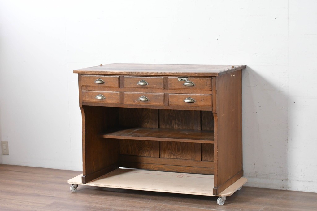 和製アンティーク　上手物!!　栓材　上置き棚付き　引き出し6杯のカウンターデスク　(R-087382)