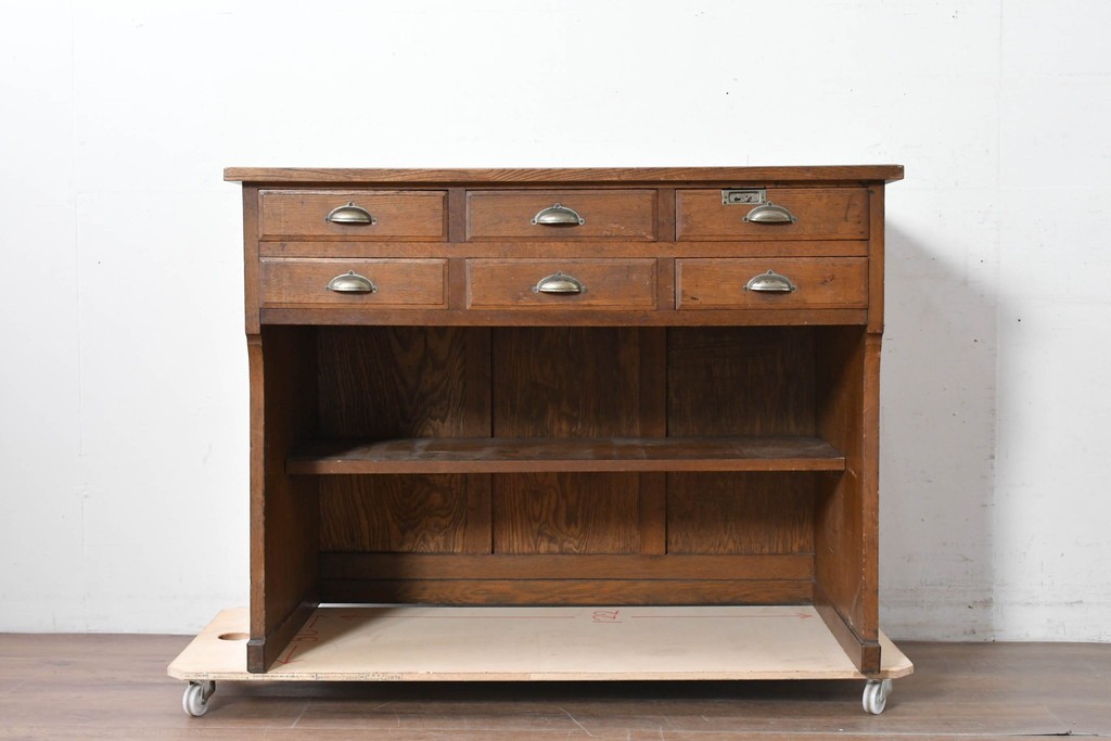 和製アンティーク　上手物!!　栓材　上置き棚付き　引き出し6杯のカウンターデスク　(R-087382)