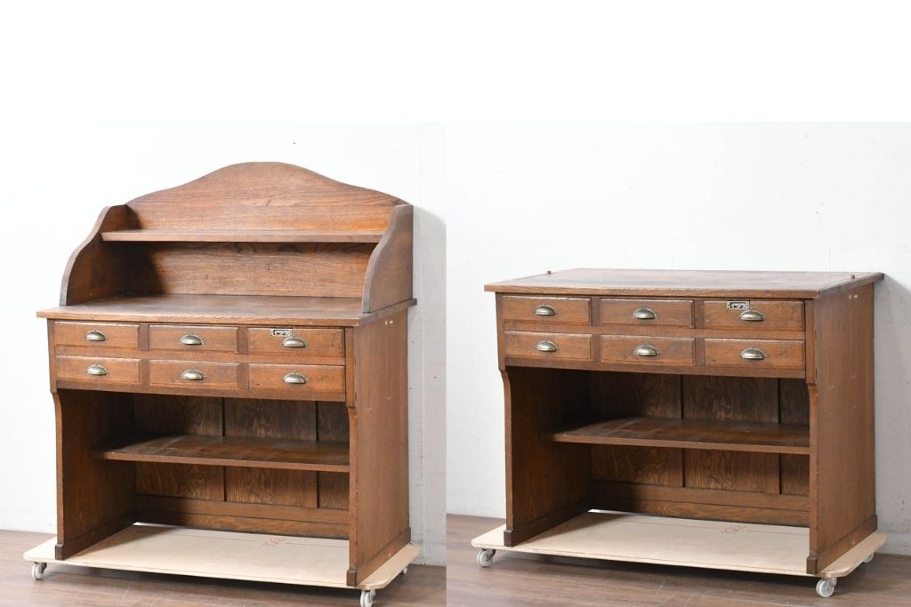 和製アンティーク　上手物!!　栓材　上置き棚付き　引き出し6杯のカウンターデスク　(R-087382)