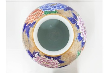 香蘭社　有田焼　染錦　高さ約35cm　金彩と牡丹模様が華やかな花瓶　(R-087386)