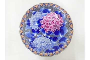 深川製磁　陶彩作　染錦　紫陽花金ミルの飾鉢　共箱付き　(R-087388)