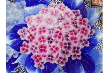 深川製磁　陶彩作　染錦　紫陽花金ミルの飾鉢　共箱付き　(R-087388)