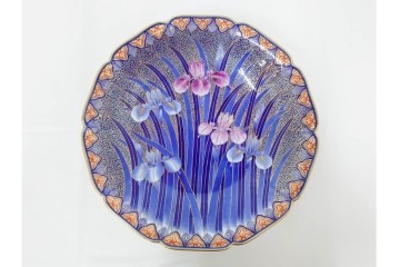 深川製磁　陶彩作　染錦　上品な菖蒲金ミルの飾鉢　共箱付き　(R-087389)