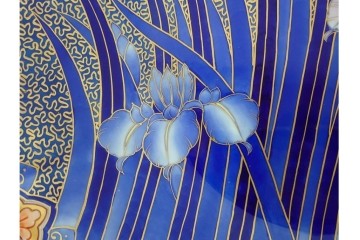 深川製磁　陶彩作　染錦　上品な菖蒲金ミルの飾鉢　共箱付き　(R-087389)