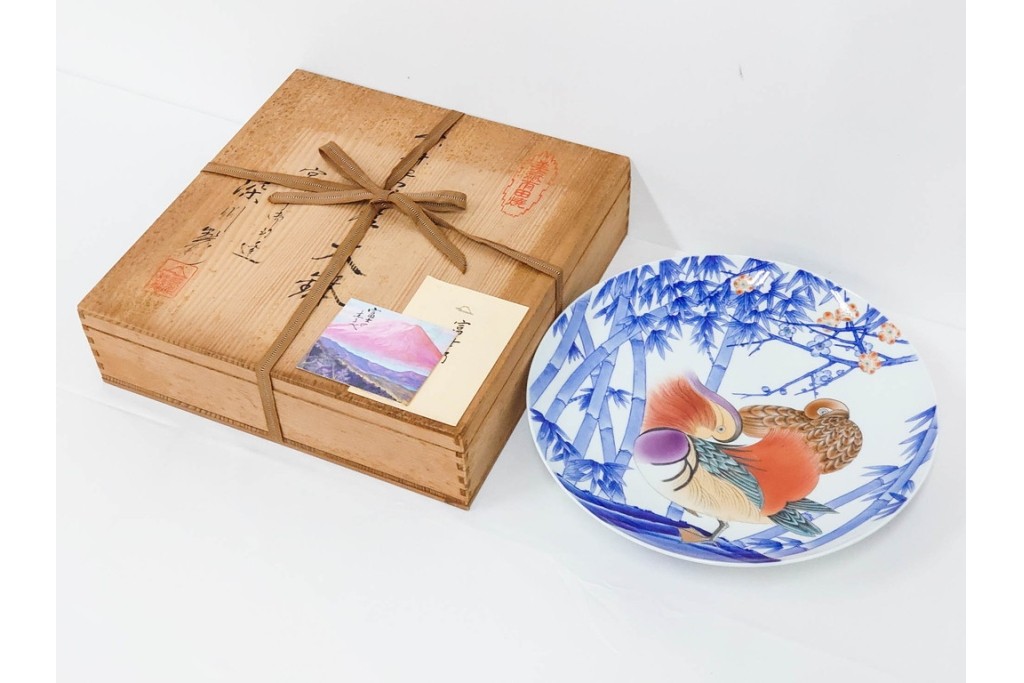 深川製磁　伝統工芸士 村島昭文作　竹林鴛鴦絵の大鉢　共箱付き　(R-087390)