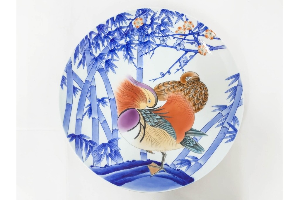 深川製磁　伝統工芸士 村島昭文作　竹林鴛鴦絵の大鉢　共箱付き　(R-087390)