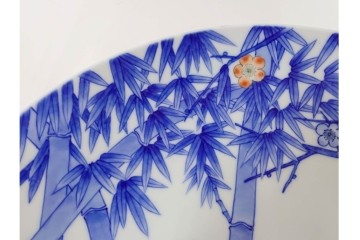 深川製磁　伝統工芸士 村島昭文作　竹林鴛鴦絵の大鉢　共箱付き　(R-087390)