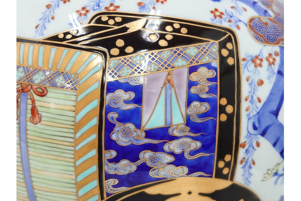 深川製磁　有田焼　染錦　高さ約37cm　華やかな御所車絵の花瓶　共箱付き　(R-087392)