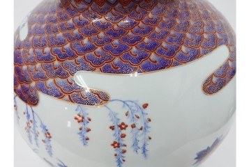 深川製磁　有田焼　染錦　高さ約37cm　華やかな御所車絵の花瓶　共箱付き　(R-087392)