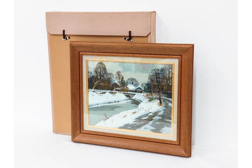 真作　塗師祥一郎作　油彩　F6号　「雪後の川」　雪景色を描いた絵画　外箱付き　(R-087395)