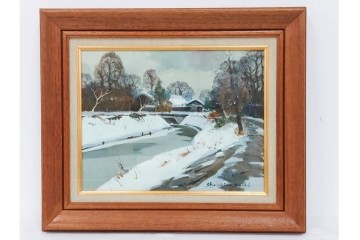 真作　塗師祥一郎作　油彩　F6号　「雪後の川」　雪景色を描いた絵画　外箱付き　(R-087395)