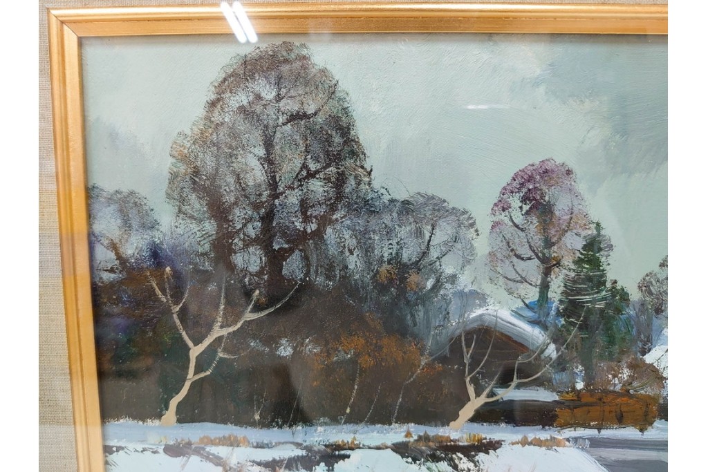 真作　塗師祥一郎作　油彩　F6号　「雪後の川」　雪景色を描いた絵画　外箱付き　(R-087395)