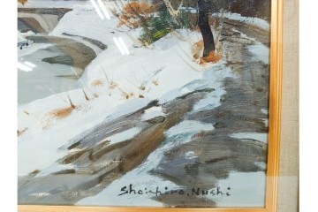 真作　塗師祥一郎作　油彩　F6号　「雪後の川」　雪景色を描いた絵画　外箱付き　(R-087395)