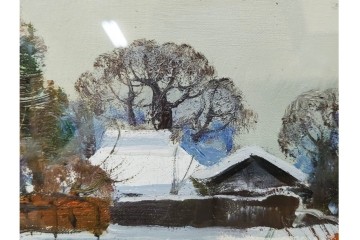 真作　塗師祥一郎作　油彩　F6号　「雪後の川」　雪景色を描いた絵画　外箱付き　(R-087395)