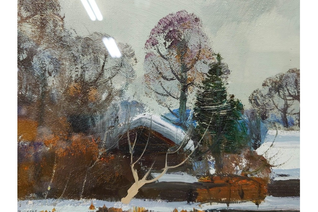 真作　塗師祥一郎作　油彩　F6号　「雪後の川」　雪景色を描いた絵画　外箱付き　(R-087395)