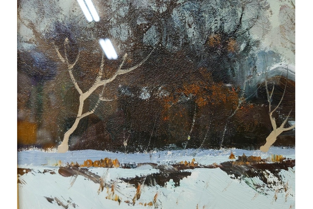 真作　塗師祥一郎作　油彩　F6号　「雪後の川」　雪景色を描いた絵画　外箱付き　(R-087395)