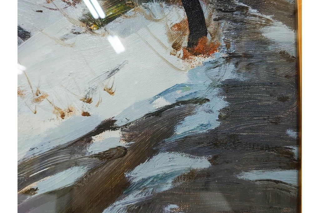 真作　塗師祥一郎作　油彩　F6号　「雪後の川」　雪景色を描いた絵画　外箱付き　(R-087395)