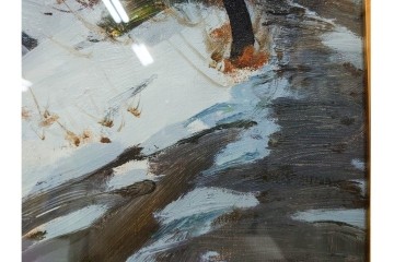 真作　塗師祥一郎作　油彩　F6号　「雪後の川」　雪景色を描いた絵画　外箱付き　(R-087395)