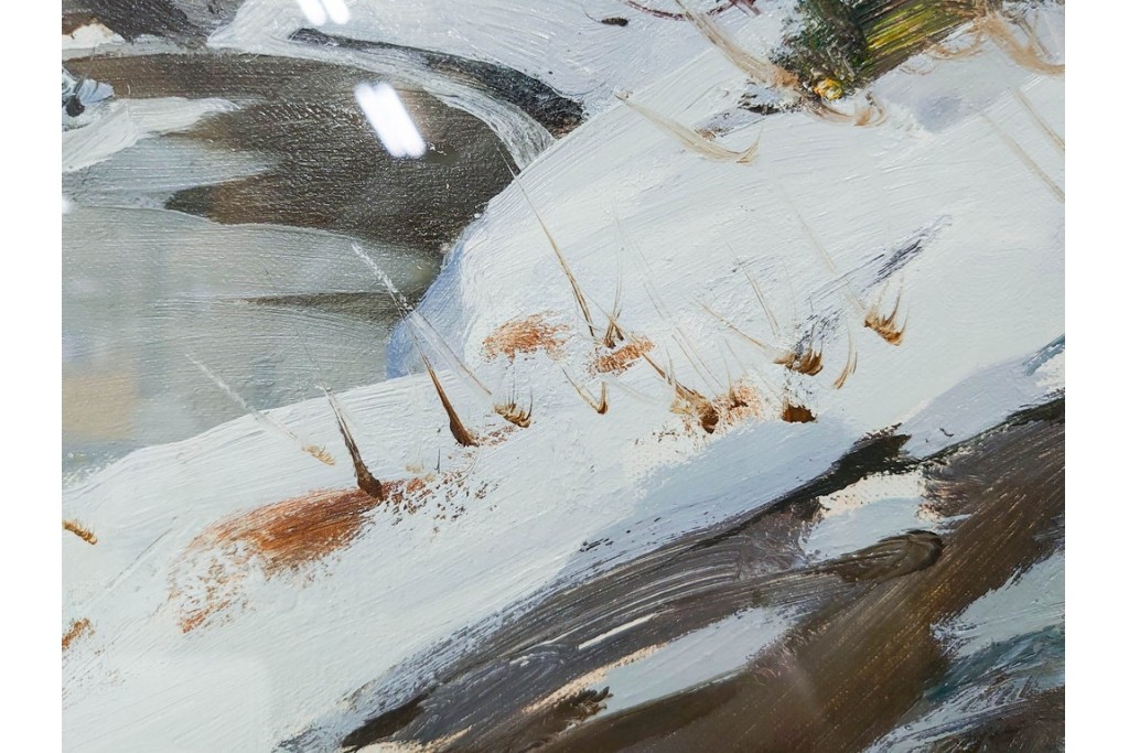 真作　塗師祥一郎作　油彩　F6号　「雪後の川」　雪景色を描いた絵画　外箱付き　(R-087395)