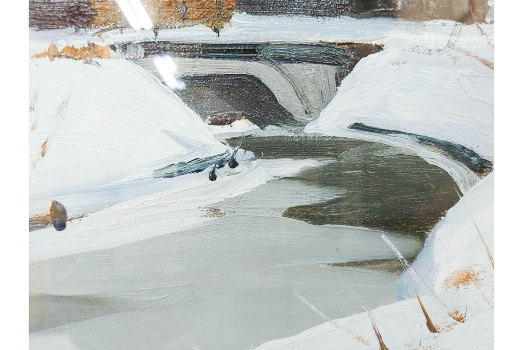 真作　塗師祥一郎作　油彩　F6号　「雪後の川」　雪景色を描いた絵画　外箱付き　(R-087395)