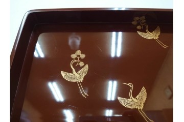 大正から昭和初期　輪島塗　在銘　松喰鶴文の蒔絵が上品な四方盆5点セット　(R-087399)