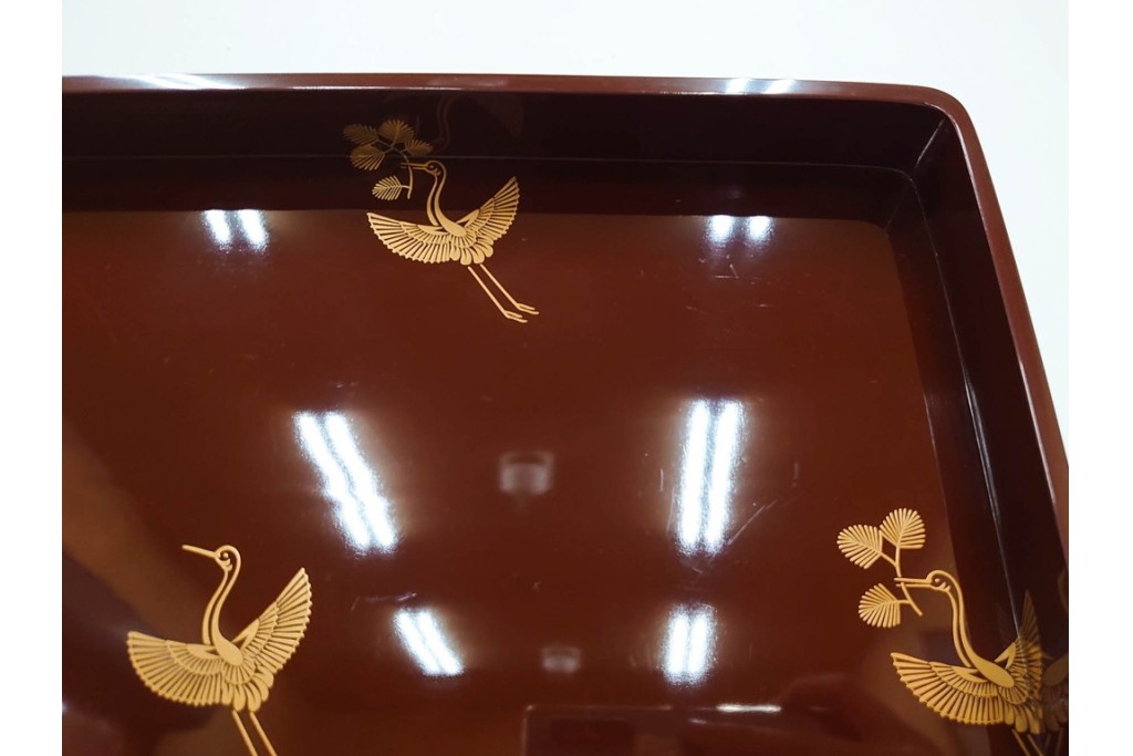 大正から昭和初期　輪島塗　在銘　松喰鶴文の蒔絵が上品な四方盆5点セット　(R-087399)