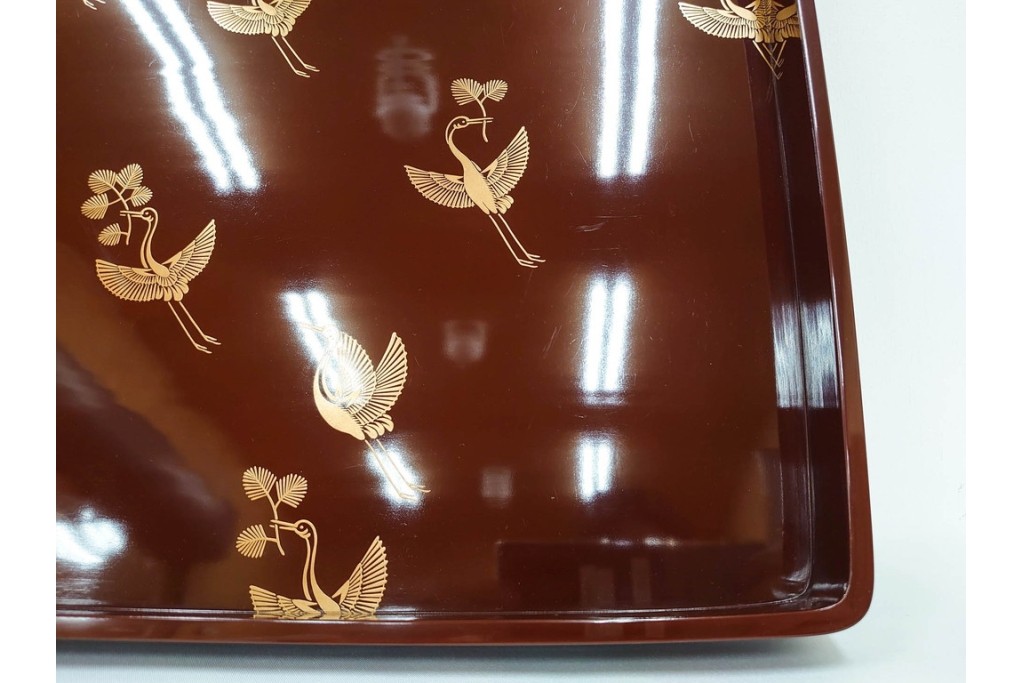 大正から昭和初期　輪島塗　在銘　松喰鶴文の蒔絵が上品な四方盆5点セット　(R-087399)