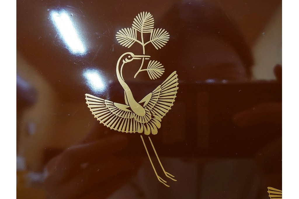 大正から昭和初期　輪島塗　在銘　松喰鶴文の蒔絵が上品な四方盆5点セット　(R-087399)